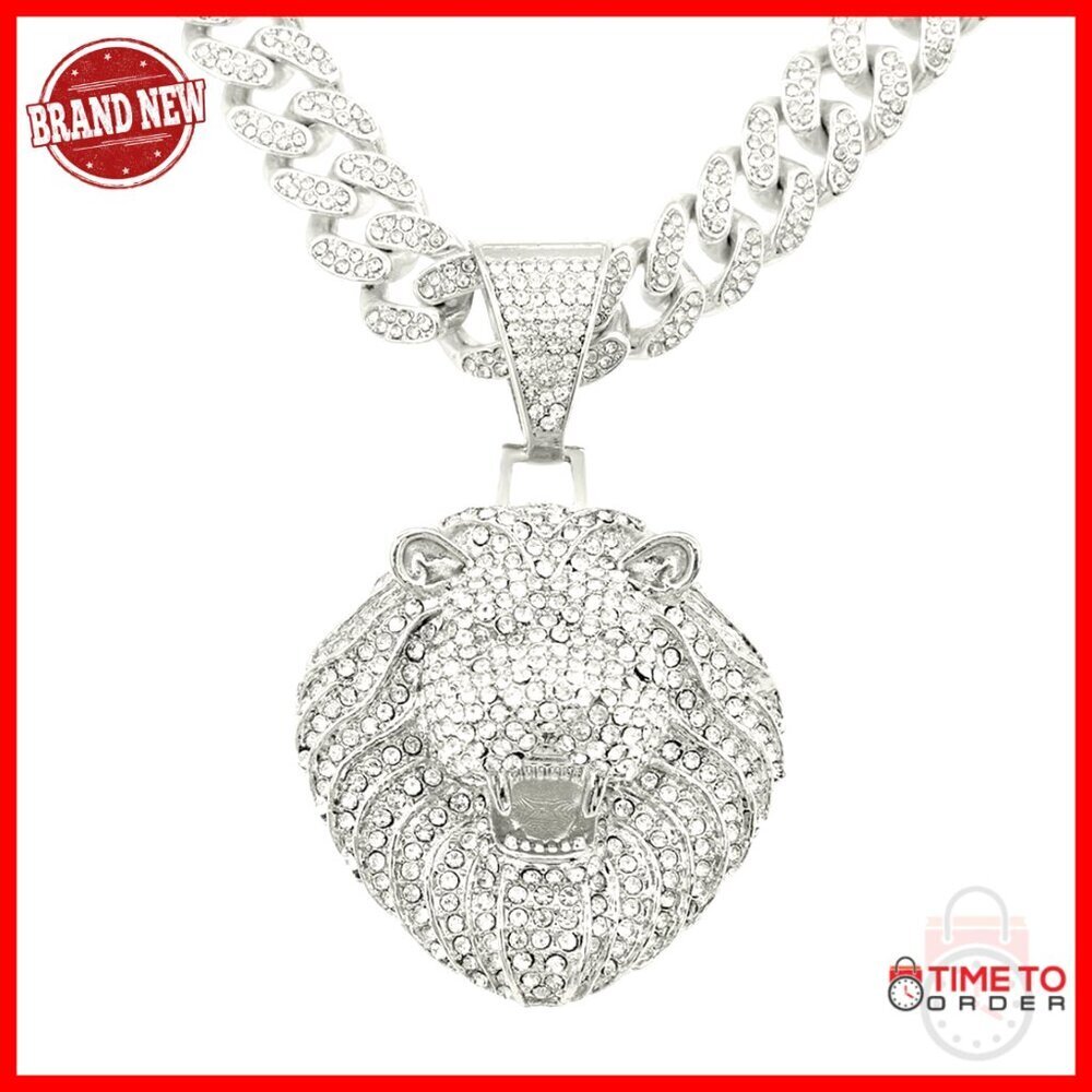 Large Lion Head Pendant Iced Out Cuban Link Chain Necklace 20" Men's Jewelry
